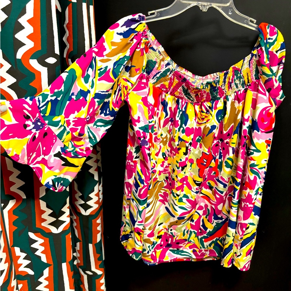 Off the shoulder tropical smocked top size large